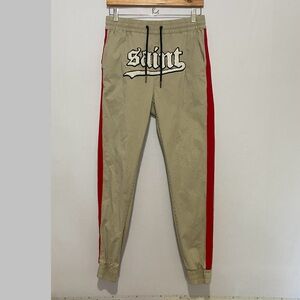 Saint‎ Morta Track Pants Men’s Medium Tan Red Stripe “Saint” Embroidered Joggers
